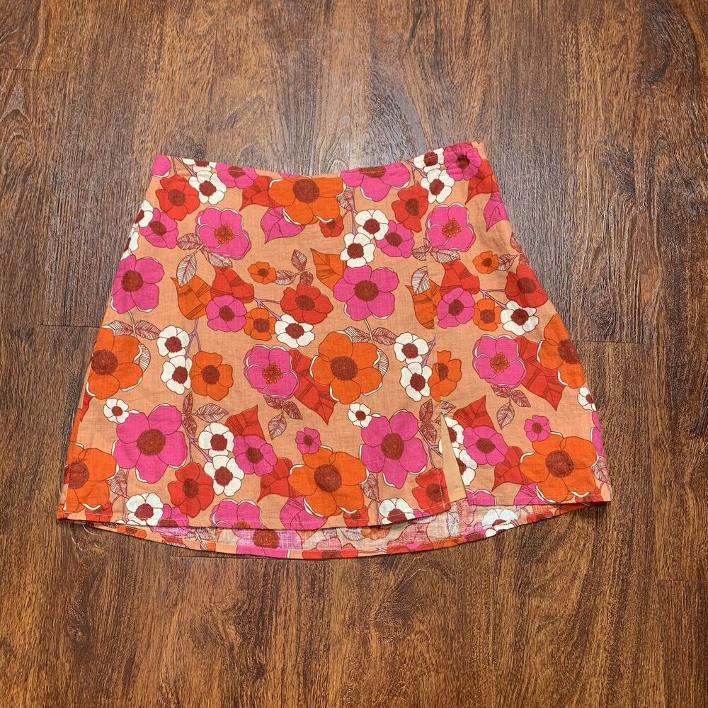 Urban Outfitters Rosie Mini Skirt Sz S Pink Orange Floral Side Zip Linen Blend